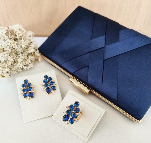 Kit Clutch, Brinco e Anel Regulável de Zircônia Lunna Safira