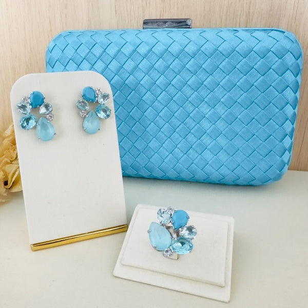 Kit Clutch, Brinco e Anel Bronx em Zircônia Tons de Azul Serenity Prata