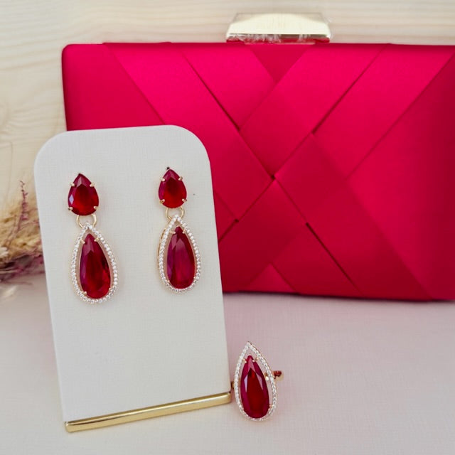 Kit Clutch, Brinco e Anel de Zircônia Gota Talles Vermelho Dourado