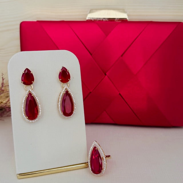 Kit Clutch, Brinco e Anel de Zircônia Gota Talles Vermelho Dourado