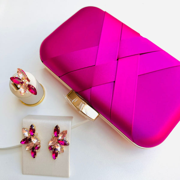 Kit Clutch, Brinco e Anel Rosa Pink - Ingrid