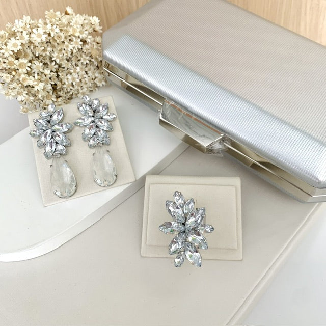 Kit Clutch, Brinco e Anel Regulável Londres Cristal Prata