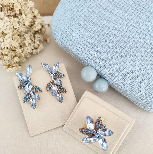 Kit Clutch, Brinco e Anel Regulável Raquel Azul Serenity