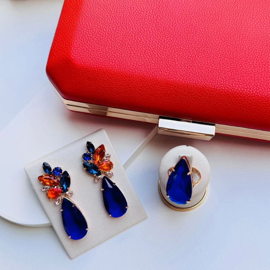 Kit Clutch, Brinco e Anel Tamanho 17 Safira com Coral - Kohler