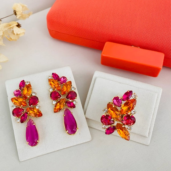 Kit Clutch, Brinco e Anel Regulável Josy Laranja Coral com Fúcsia Dourado