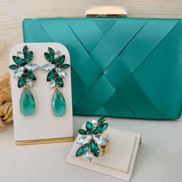 Kit Clutch,  Brinco e Anel Regulável Londres Tons de Verde Dourado