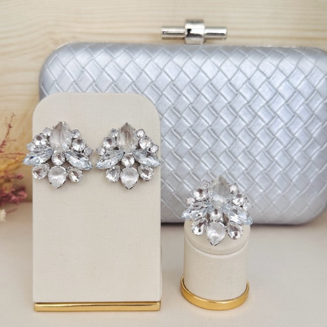 Kit Clutch, Brinco e Anel Regulável Manhattan de Zircônia Cristal Prata