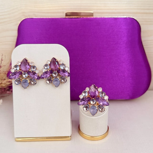 Kit Clutch, Brinco e Anel Regulável Manhattan de Zircônia Tons de Roxo Dourado