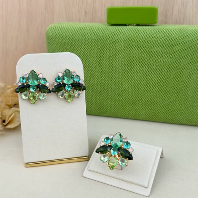 Kit Clutch, Brinco e Anel Regulável Manhattan Tons de Verde Dourado