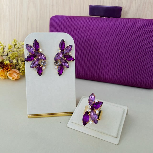Kit Clutch, Brinco e Anel Regulável Marcela Tons de Roxo Dourado