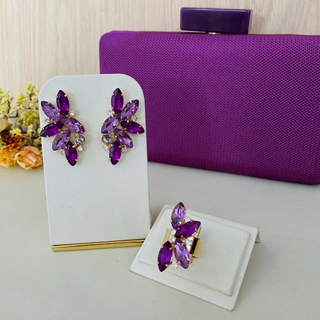 Kit Clutch, Brinco e Anel Regulável Marcela Tons de Roxo Dourado