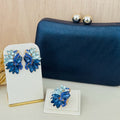Kit Clutch, Brinco e Anel Regulável Mello Tons de Azul Dourado