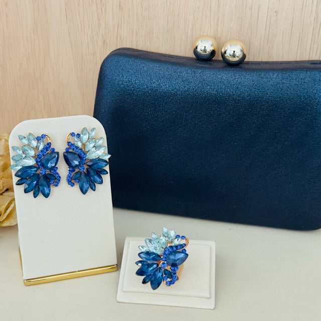 Kit Clutch, Brinco e Anel Regulável Mello Tons de Azul Dourado
