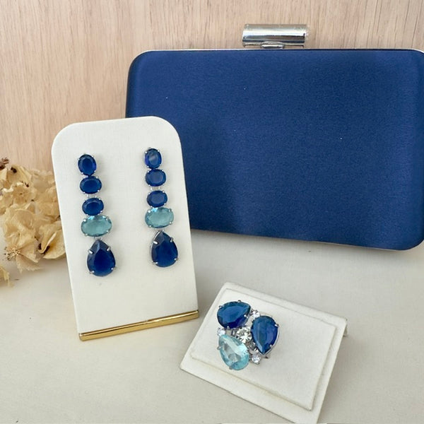 Kit Clutch, Brinco e Anel Regulável Veneza Tons de Azul de Zircônia Prata