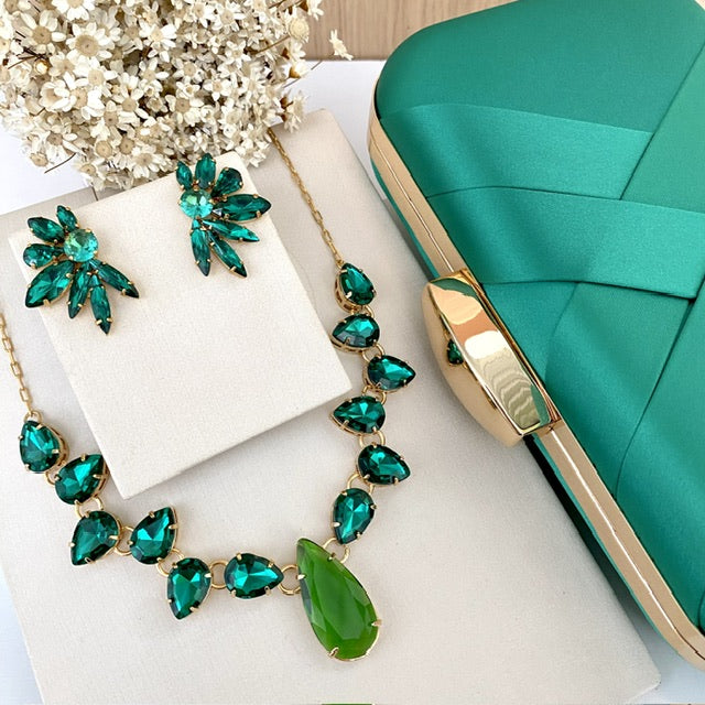 Kit Clutch, Brinco e Colar de Pedraria Esmeralda Cannes Dourado