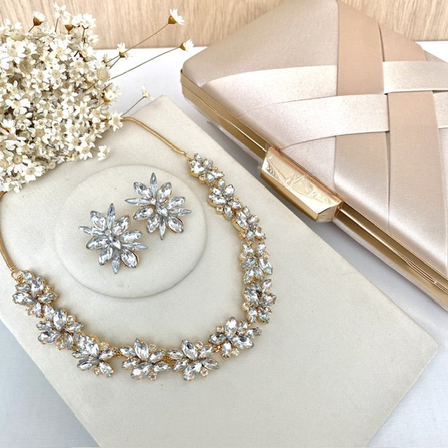 Kit Clutch, Brinco e Colar Jessy Pedraria Cristal Dourado