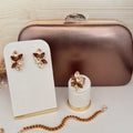 Kit Clutch, Brinco, Pulseira e Anel Regulável Cristiane Tons de Marrom Dourado