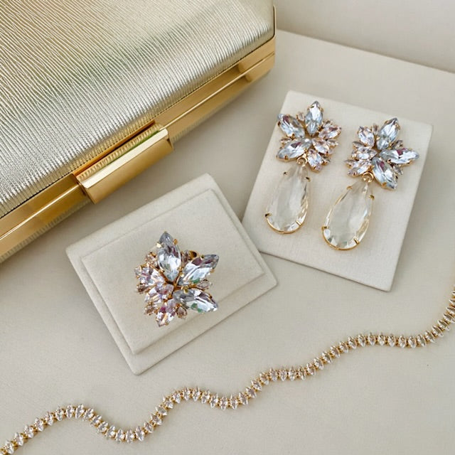 Kit Clutch, Choker Navete de Zircônia, Anel Regulável e Brinco Cristal - Vanessa