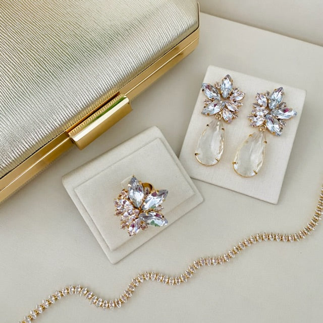 Kit Clutch, Choker Navete de Zircônia, Anel Regulável e Brinco Cristal - Vanessa