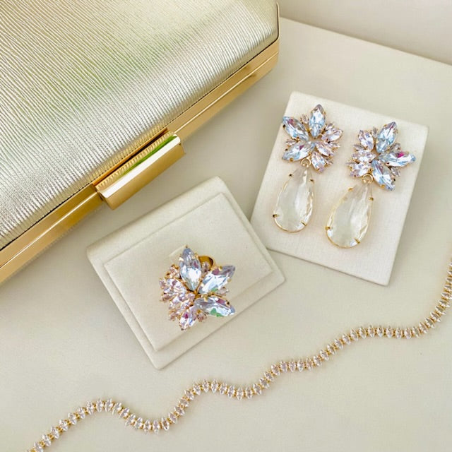 Kit Clutch, Choker Navete de Zircônia, Anel Regulável e Brinco Cristal - Vanessa