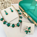 Kit Clutch, Colar e Anel Regulável Tons Pastéis com Esmeralda Dourado