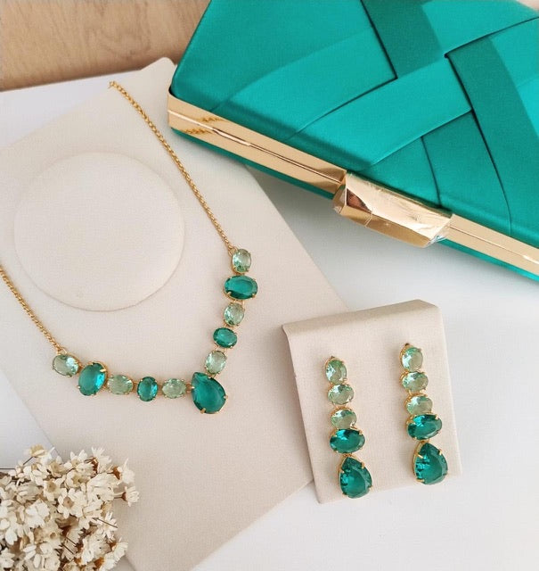 Kit Clutch, Colar e Brinco de Zircônia Turmalina Menta Lippe