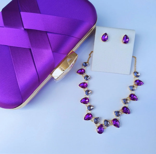 Kit Clutch, Colar e Brinco Miriam Tons de Roxo