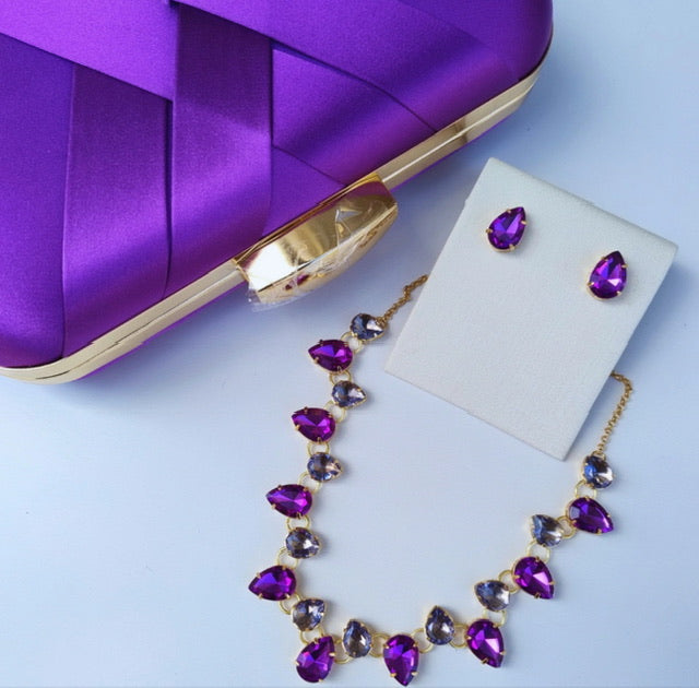 Kit Clutch, Colar e Brinco Miriam Tons de Roxo