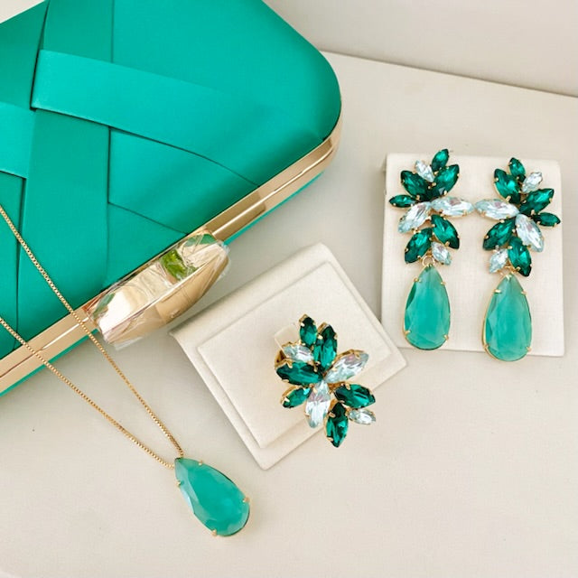 Kit Clutch, Brinco, Colar e Anel Regulável Londres Tons de Verde Dourado