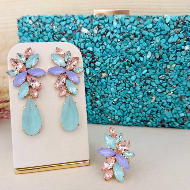 Kit Clutch de Pedraria, Brinco e Anel Regulável Londres Collor Dourado