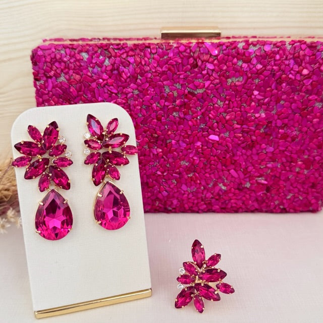 Kit Clutch de Pedraria, Brinco e Anel Regulável Scarlat Rosa Pink Dourado