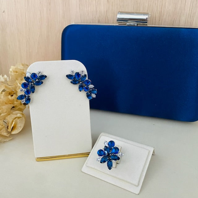 Kit Clutch, Ear Kuff e Anel Regulável Lidy de Zircônia Azul Safira Prata