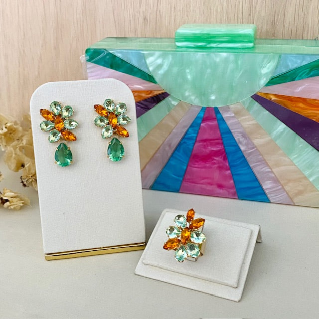 Kit Clutch Madrepérola Menta Collor, Brinco e Anel Regulável Sotto Menta com Coral Dourado