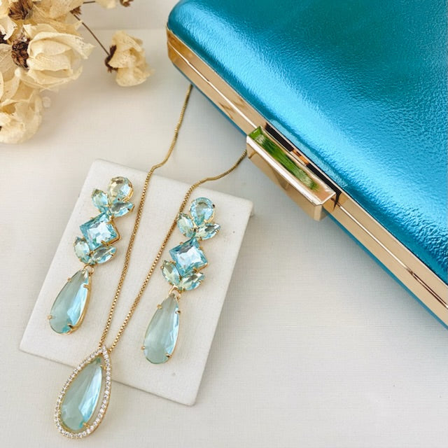 Kit Clutch Metalizada, Brinco e Colar Talles Azul Serenity de Zircônia Dourado