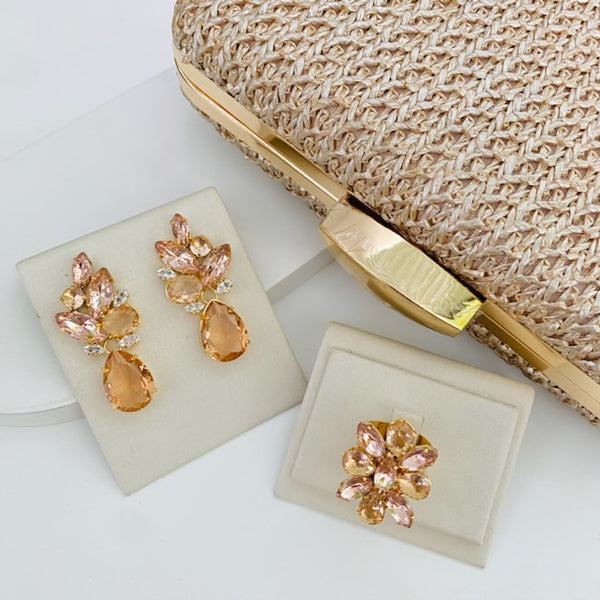 Kit Clutch Palha, Brinco Kohler e Anel Regulável de Zircônia Nude Dourado