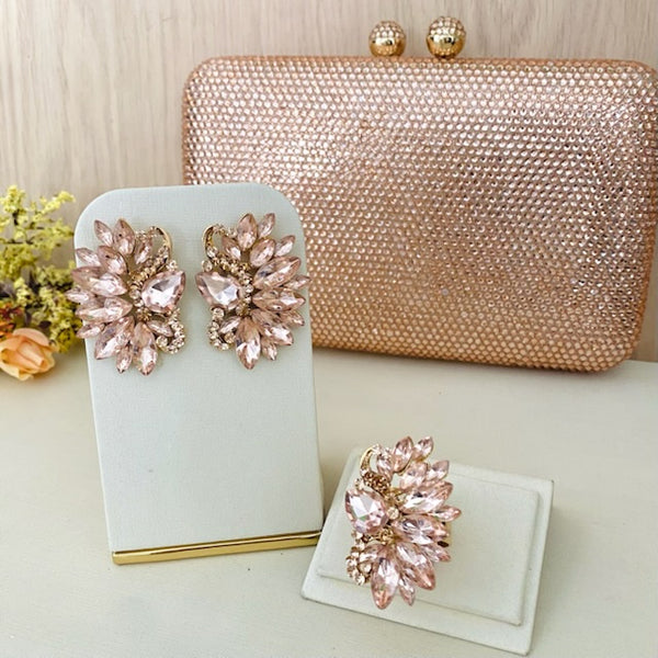 Kit Clutch Pedrinhas, Brinco e Anel Regulável Mello Rose Nude Dourado