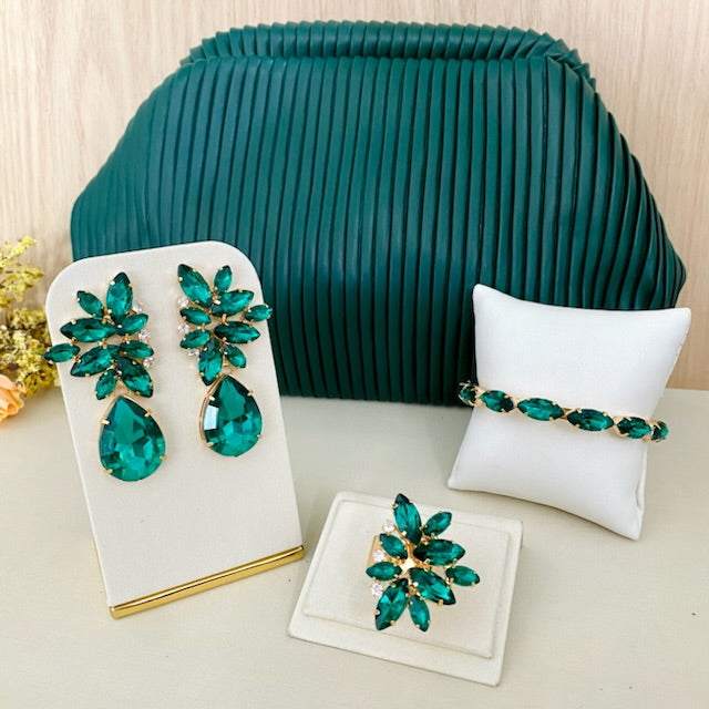 Kit Clutch Plissada, Brinco, Bracelete e Anel Scarlet Pedraria Esmeralda Dourado