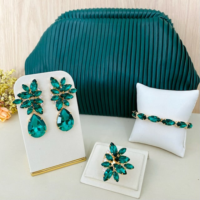 Kit Clutch Plissada, Brinco, Bracelete e Anel Scarlet Pedraria Esmeralda Dourado