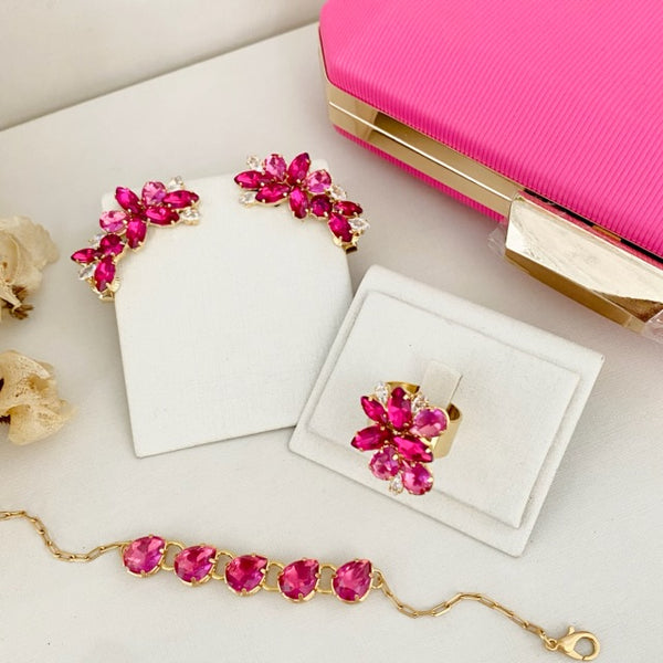 Kit Clutch, Pulseira, Ear Kuff e Anel Regulável Lidy de Zircônia Pink Fúcsia Dourado