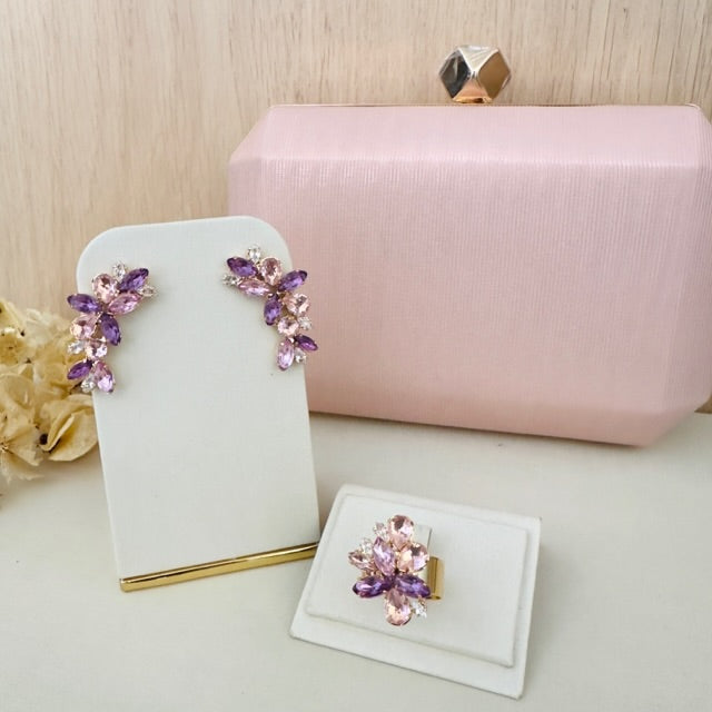 Kit Clutch Rosa Claro, Ear Kuff e Anel Regulável Lidy Rosé com Lilás Dourado