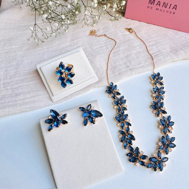 Kit Colar, Anel Regulável e Brinco Azul Safira Diva