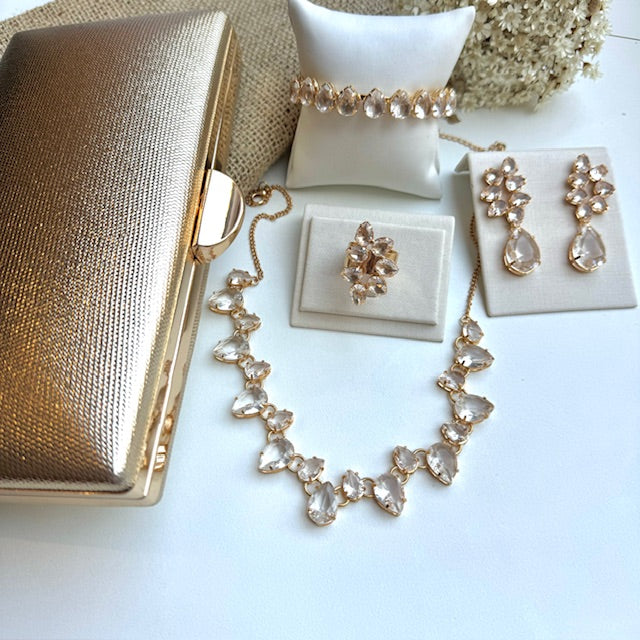 KIT COLAR, BRINCO, ANEL REGULÁVEL, Clutch e BRACELETE CRISTAL DE ZIRCÔNIA MIRIAM