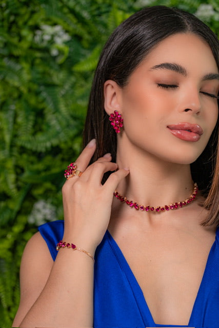 Kit Colar, Brinco, Anel Regulável e Pulseira Rosa Pink Moana