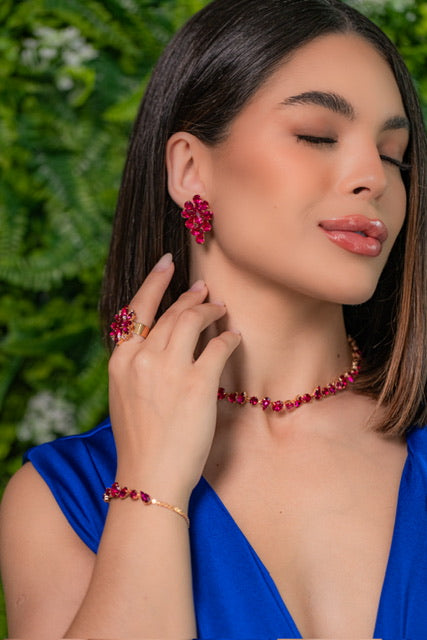 Kit Colar, Brinco, Anel Regulável e Pulseira Rosa Pink Moana