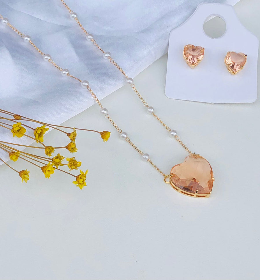 Kit colar + Brinco Coração  de Zircônia com Pérola Lais