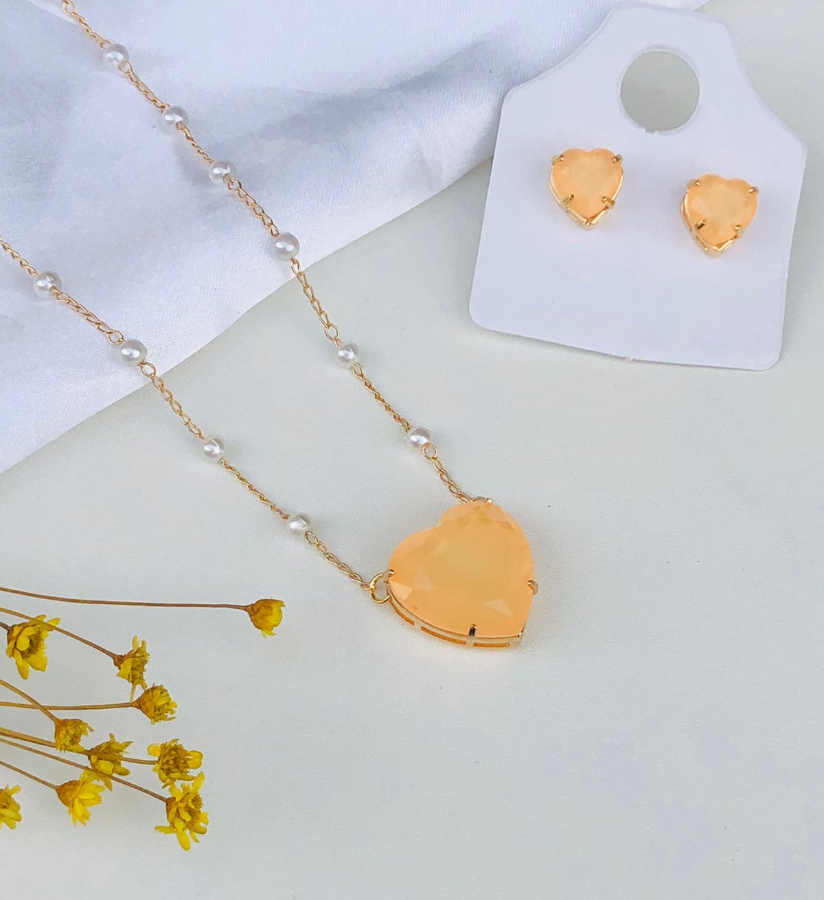 Kit colar + Brinco Coração  de Zircônia com Pérola Lais