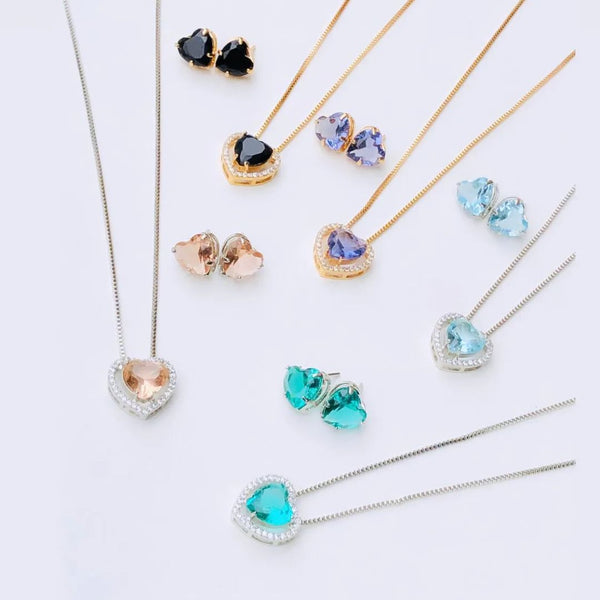 kit Colar + Brinco de Coração Zircônia Aline Banho:Prata;Cor da Pedra:Rosa