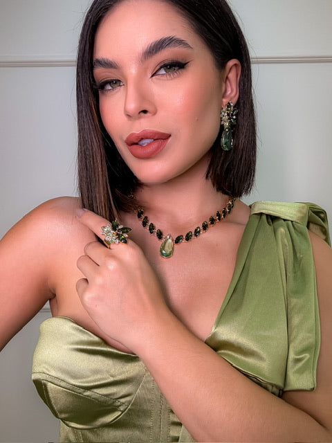 Kit Colar, Brinco e Anel Regulável Menta com Oliva Vanessa