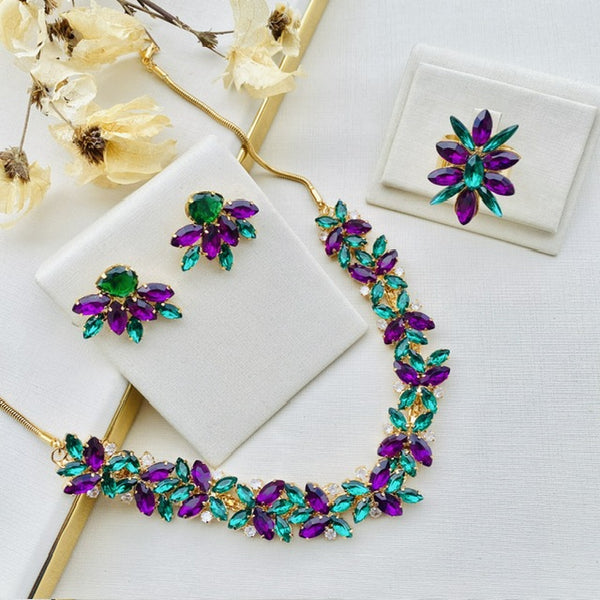 Kit Colar, Brinco e Anel Regulável Jessy Verde com Roxo