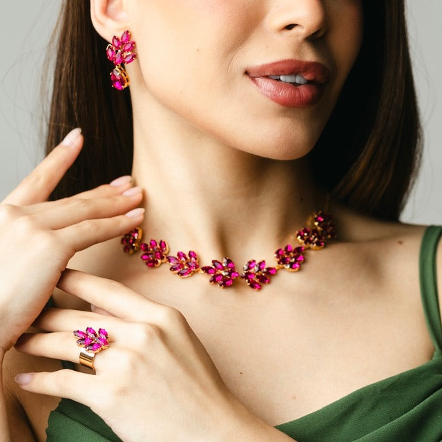 KIT COLAR, BRINCO E ANEL REGULÁVEL MIDTOWN ROSA PINK DOURADO